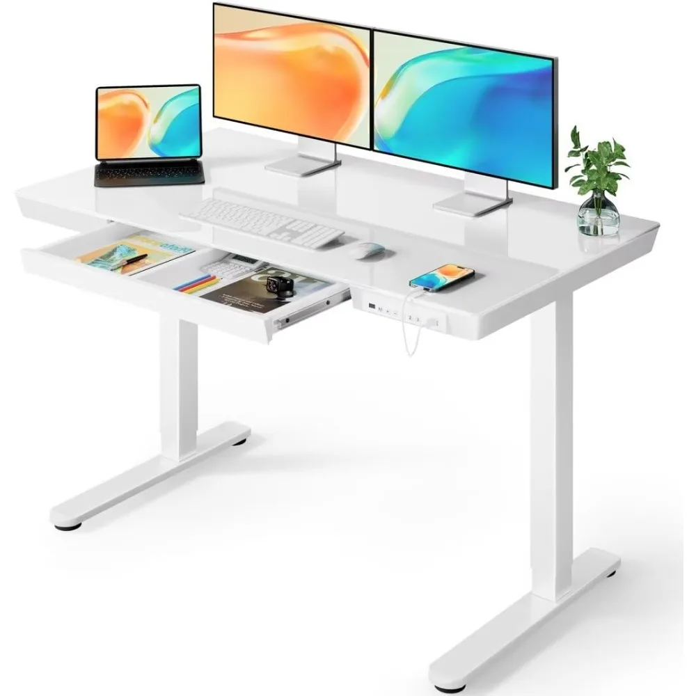 Standing Desk with Drawer, Glass Top One Piece, 48x24 inch Height Adjustable Desk, Electric Standing Desk