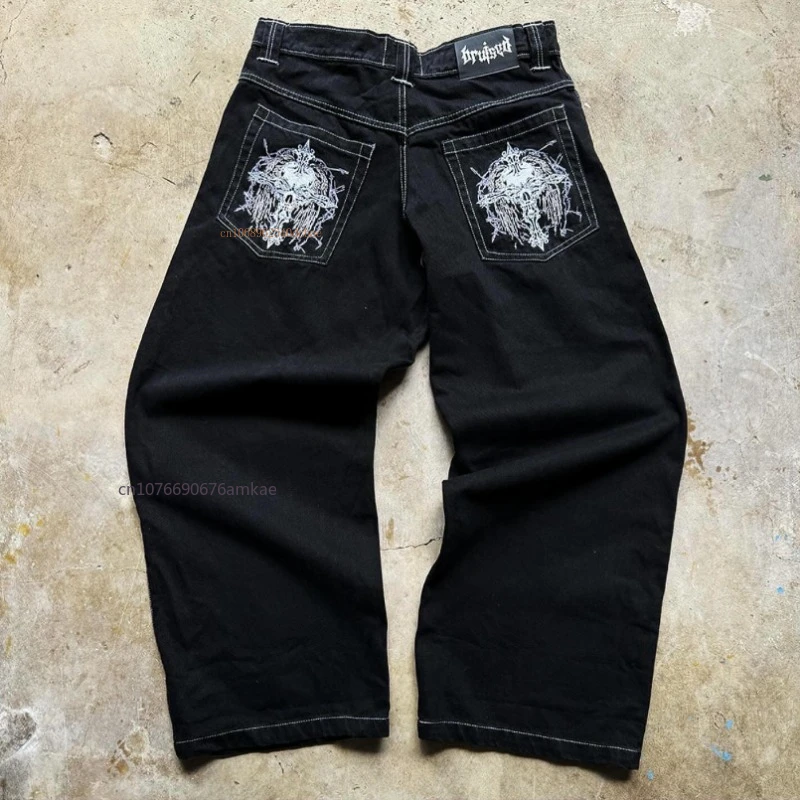 Ins New Dark Personality Pattern Printing Straight Pants Black Cotton Jeans Men Women Fall Winter Loose High Street Couple Jeans