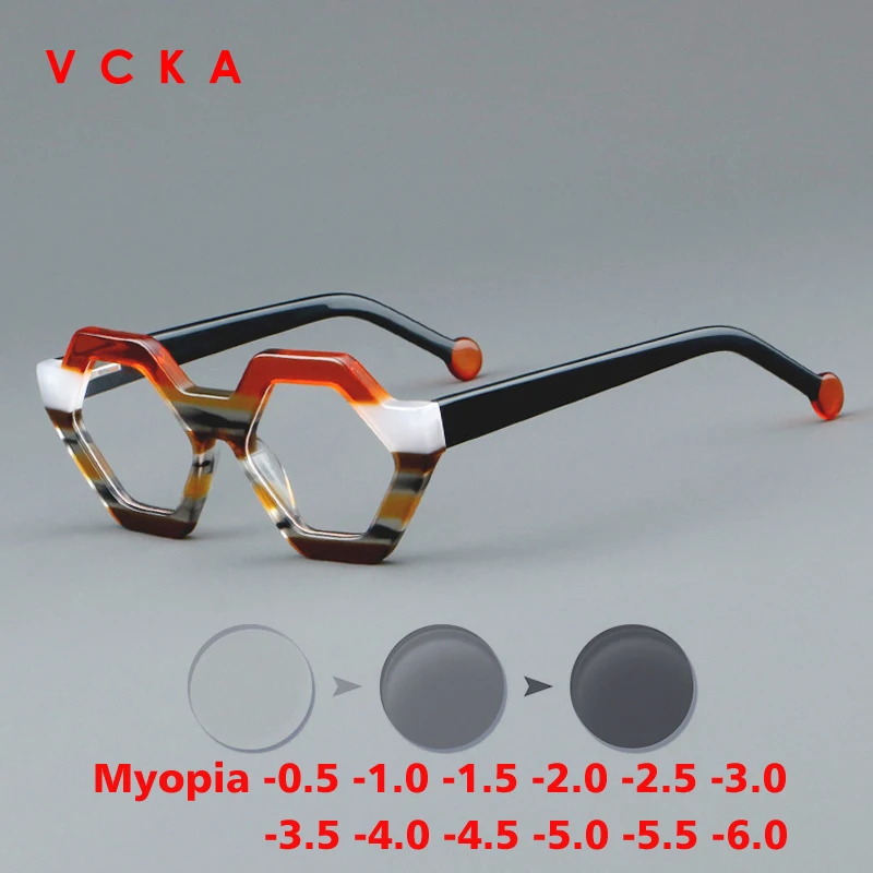 

VCKA Retro Acetate Myopia Hexagon Anti-blue Discolor Glasses Frame Women Men Prescription Eyeglasses Custom Eyewear -0.50 to-6.0