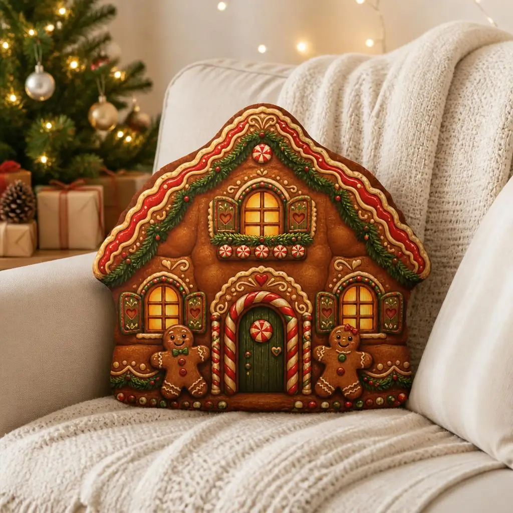 Christmas Gingerbread House Plush Pillow Holiday Bakery Cottage Cushion Shaped Stuffed Throw Pillow Festive Home Decor Gift