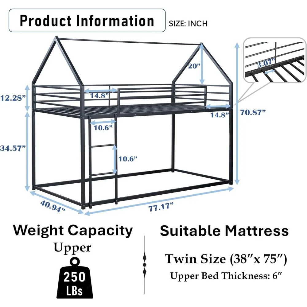 Twin Over Twin Metal Floor Bunk Bed with Safety Guardrails and Roof Design House Shaped Bunk Bed Frame