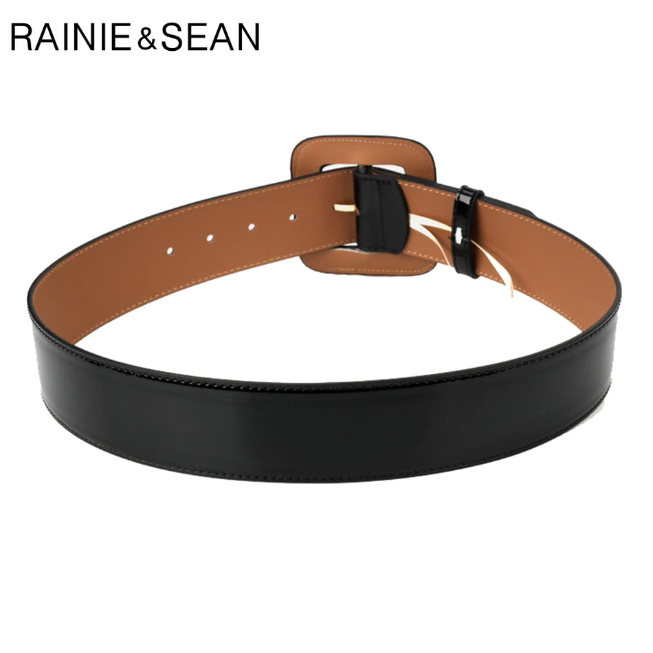 RAINIE SEAN Wide Belt Female Dress Belts Patent Leather Genuine Cowhide Black Elegant French Luxury Designer Women Waist Belt