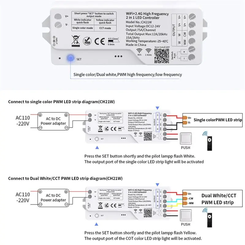 

A50I 2.4G WIFI High Frequency 2 In 1 LED Controller CH21W For COB SMD 5050 DIM CCT RGB RGBW RGBCCT Led Strip Light 12-24V