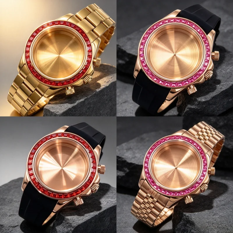 39mm Watch Case Pink Orange Trapeze Diamond Bezel, Fit 29.5mm Dial No Logo For Seiko VK63 Daytona Quartz Movement Mod Parts
