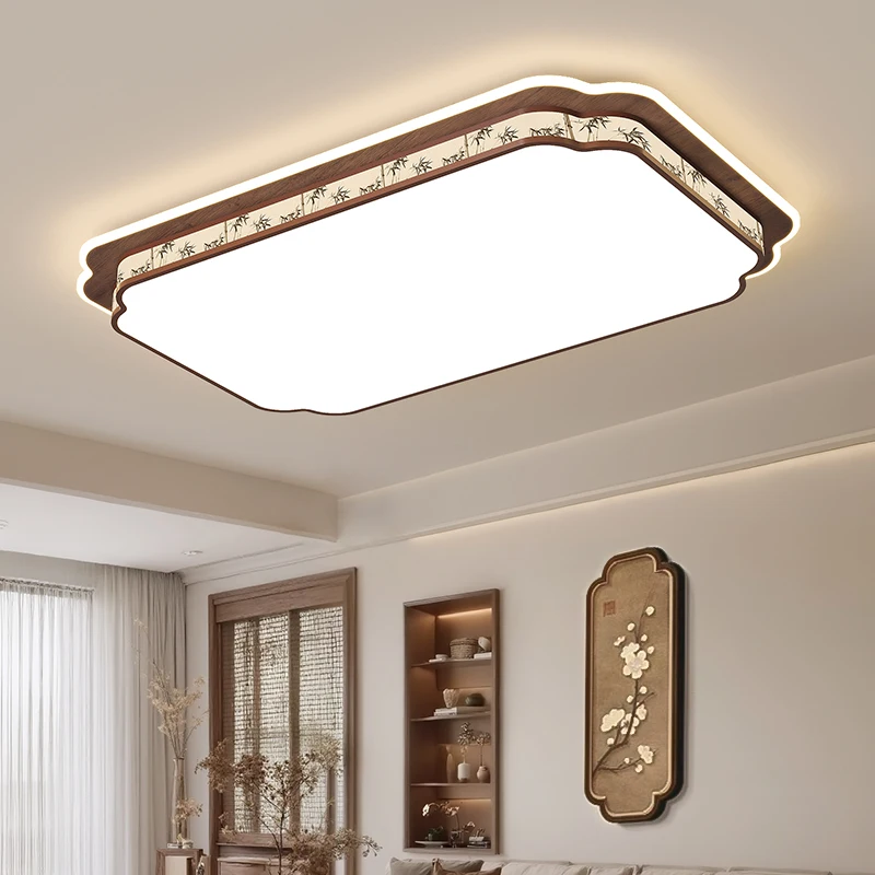 

Деревянный потолочный светильник в китайском стиле, декор для гостиной, квадратная прямоугольная люстра для спальни, столовой, освещение, деревянная светодиодная лампа