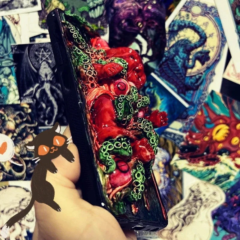 4141 Original 3D Handmade Mobile Phone Case Cthulhu Tentacle Grim Reaper Doll Horror Gothic Art Mobile Phone Case Custom Gift