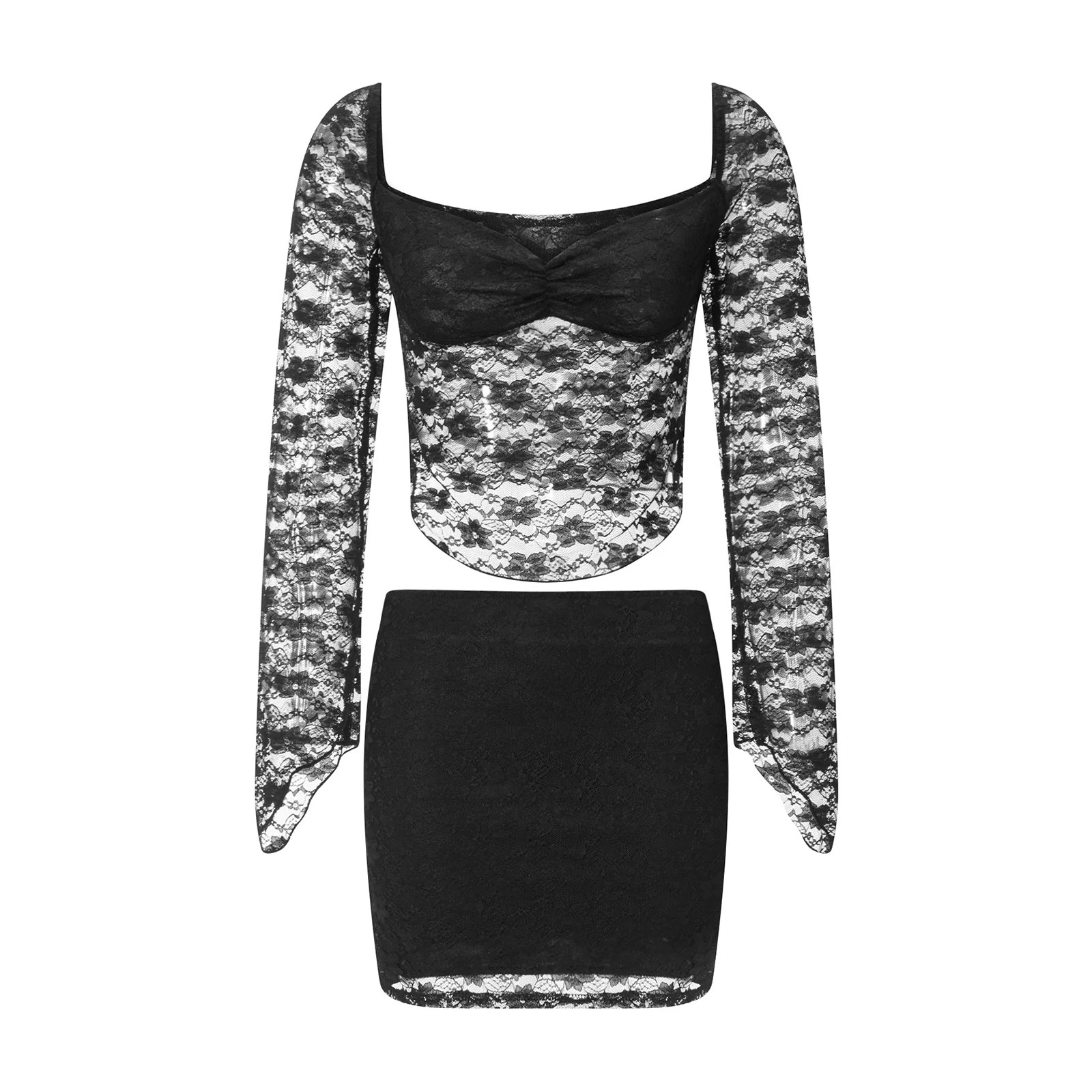Dames 2 Delige Rok Outfits Lange Mouwen Kanten Bloementops Zwart Mini Skinny Rok Set