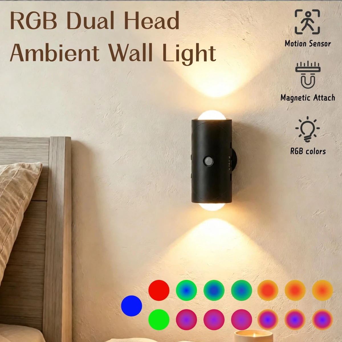 2pcs RGB Dual‑Head Wall Lamp, USB Charging, Built‑in Sensor, Compact & Elegant, Convenient Magnetic Mounting, Ideal for Hallways