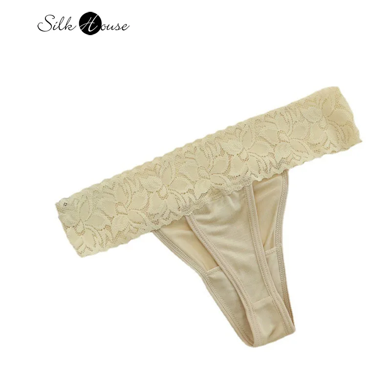 

Summer Thin Silk Thong Low Rise Sexy Lace Natural Silk Traceless Underwear Breathable T-shaped Underwear