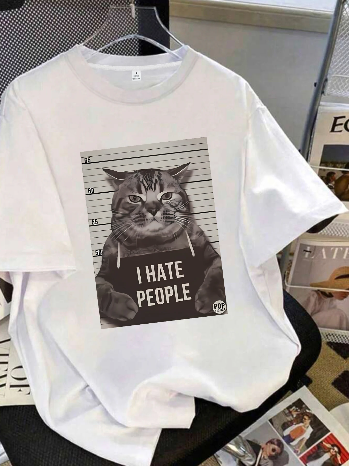 

Cat Plus size women's round neck short sleeve T-shirt with elastic half sleeves and trendy prints