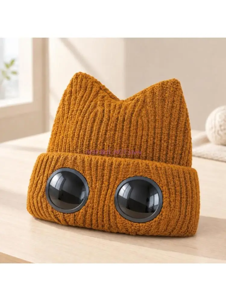 49ME Men Women Trendy Cats Ear Knitted Brimless, Thick Warm Acrylic Pullover Cap with Removable Decorative Goggle for Daily