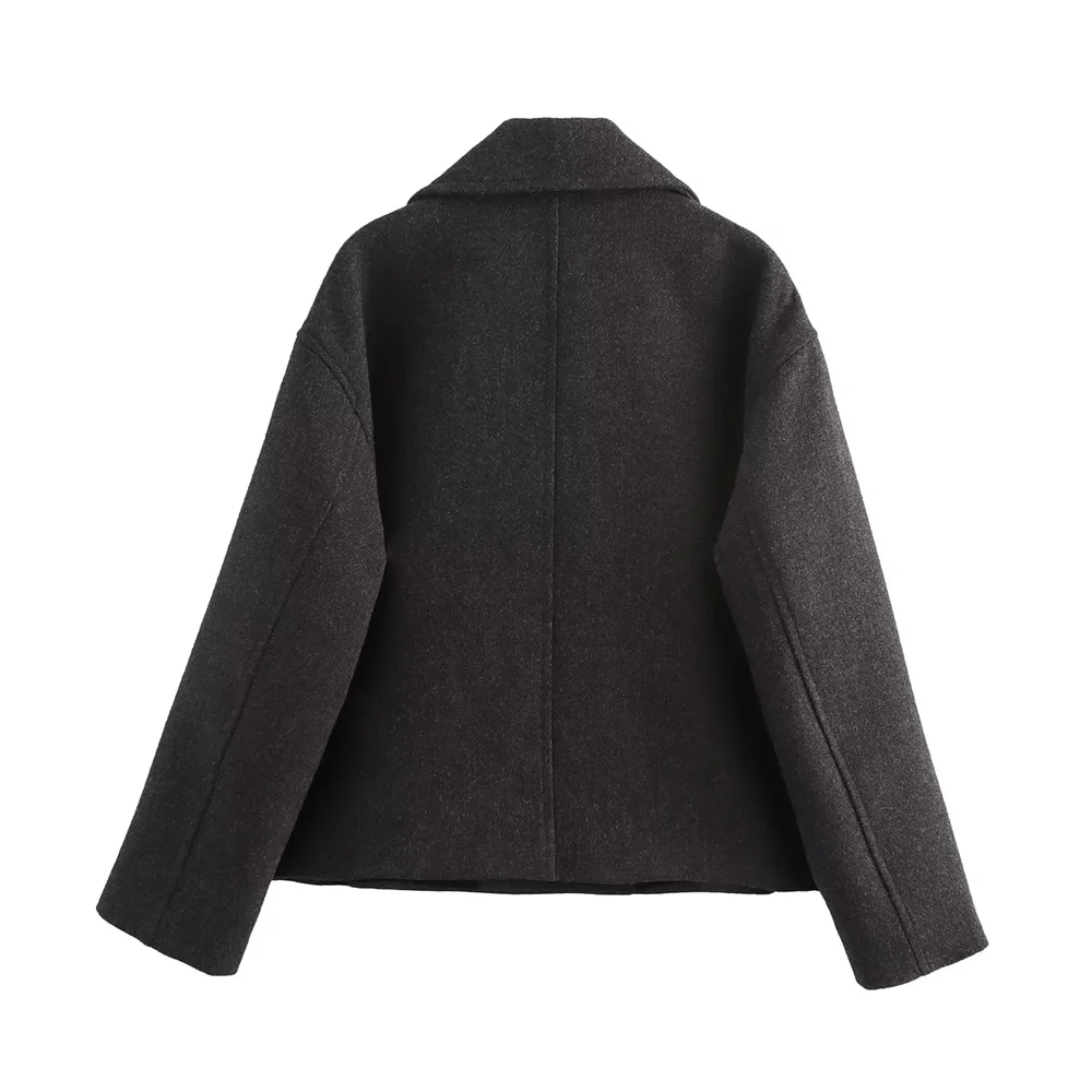 PB&ZA 2024 Autumn/Winter New Product Women's Commuter Double breasted Wool Collar Long sleeved Short Coat