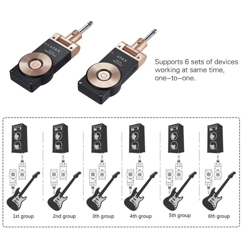 Stax 2.4GHz Electric Guitar Bass Transceiver Plug Wireless Transmitter Receiver Rechargeable Battery Golden Black