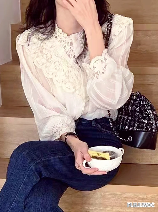 Korea Chic Tops Blusas Cute Romantic Office Lady Elegant Hollow Out Lace Shirt New Flhjlwoc Fashion Women Blouse