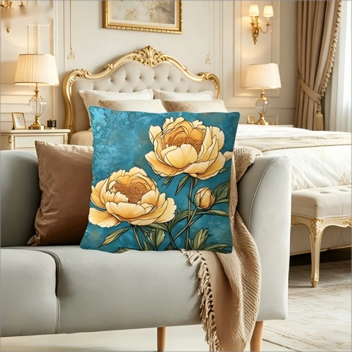 Teal Watercolor Yellow Peony Print Throw Pillow Cover, Floral Botanical Decorative Cushion