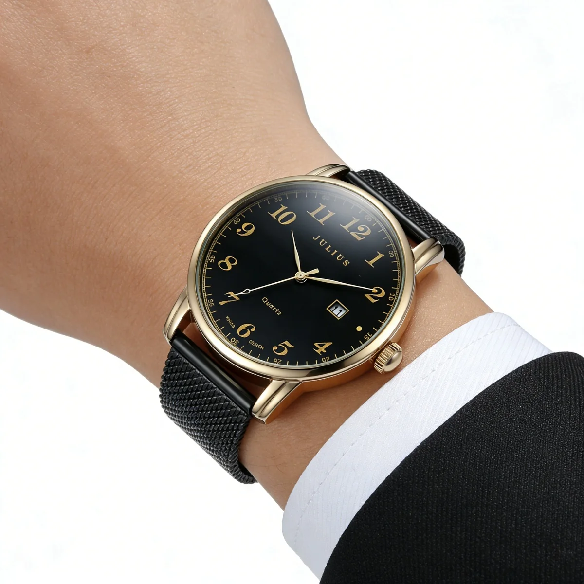 Auto Date Julius Men\'s Watch Miyota Mov\'t Fashion Hours Dress Stainless Steel Bracelet Retro Boy\'s Birthday Gift Box
