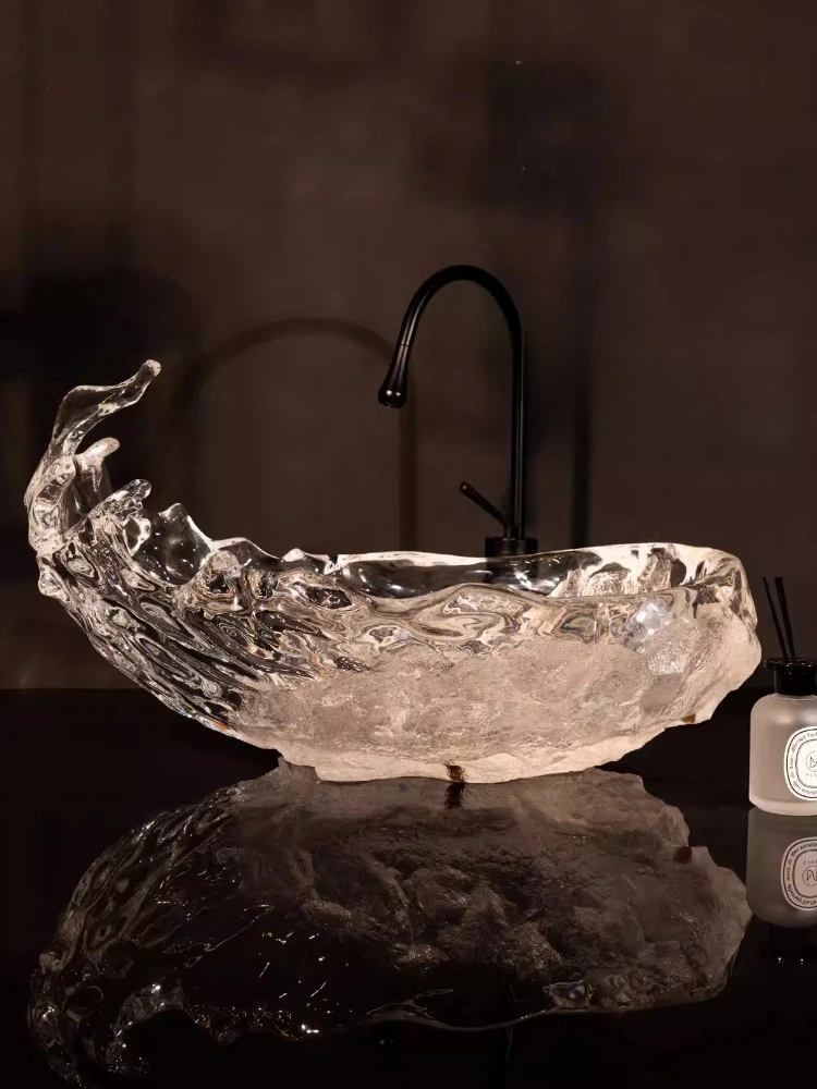 

Modern simple transparent platinum crystal acrylic table basin wash basin wave shape light luxury bathroom single basin
