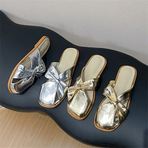 Female flat  temperament lazy people a slip-on French gentle silver round toe half slippers, female summer wear half slippers