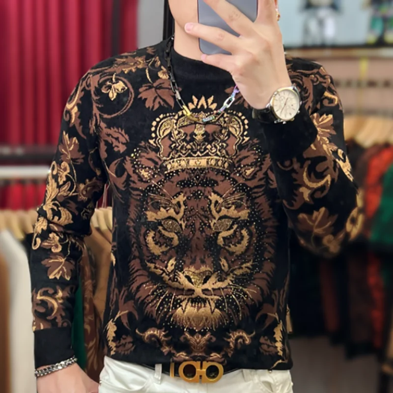 Fall/Winter 2025 Men's New Double-Face Fleece Thermal Long-Sleeve Undershirt Round Neck Fashion Printed Casual Top T-Shirt