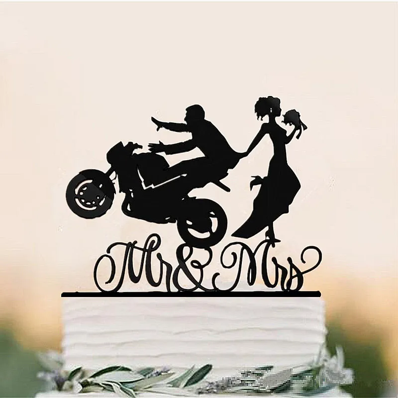 Funny Style Motorcycle Couple Wedding Cake Topper Acrylic Bride And Groom Cake Toppers Anniersary Engagement Decoration