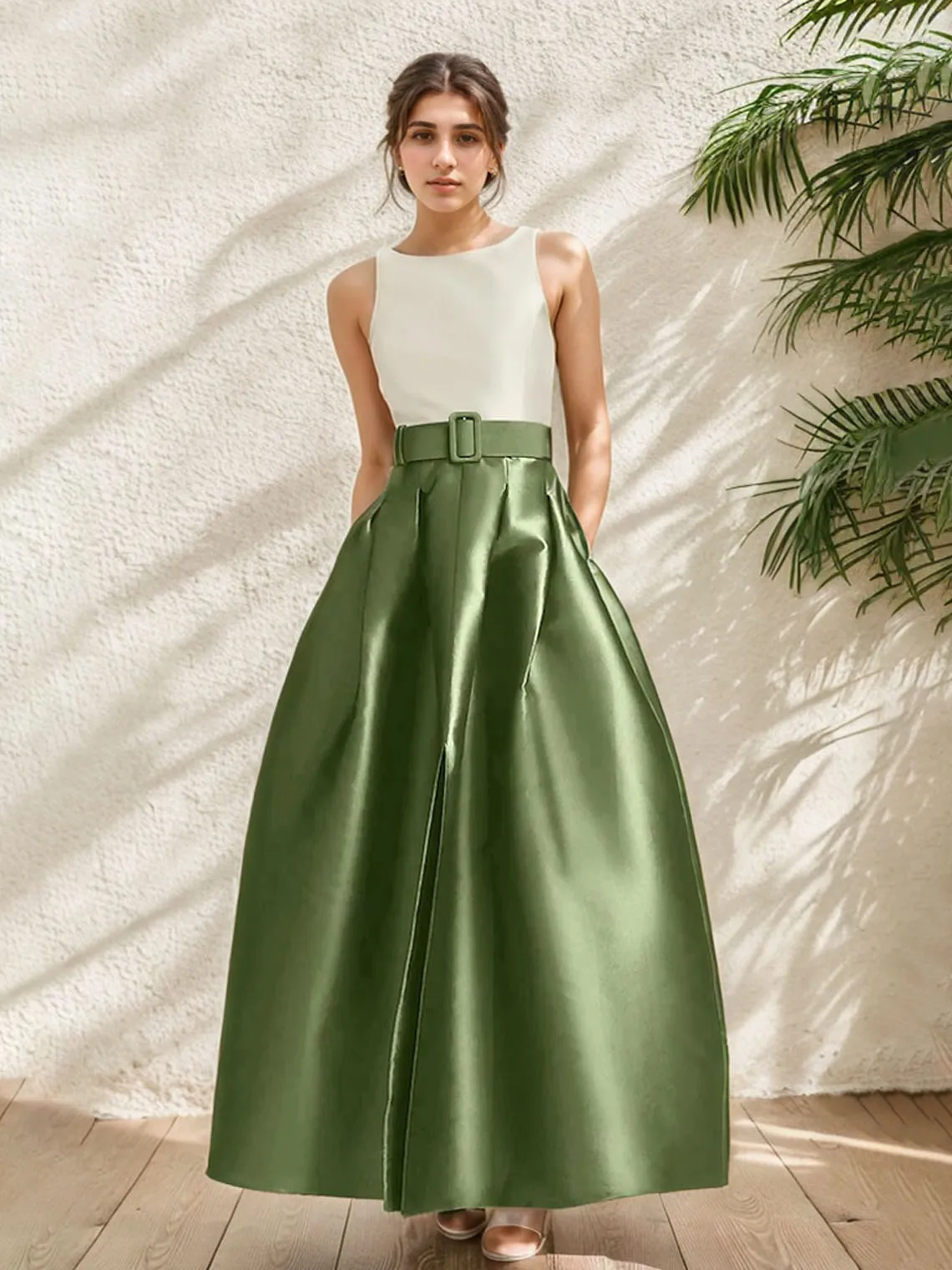 

A-Line Evening Gown Formal Wedding Guest Floor Length Sleeveless Jewel Neck Belt / Sash Satin Pleats Slit 2025 free customized