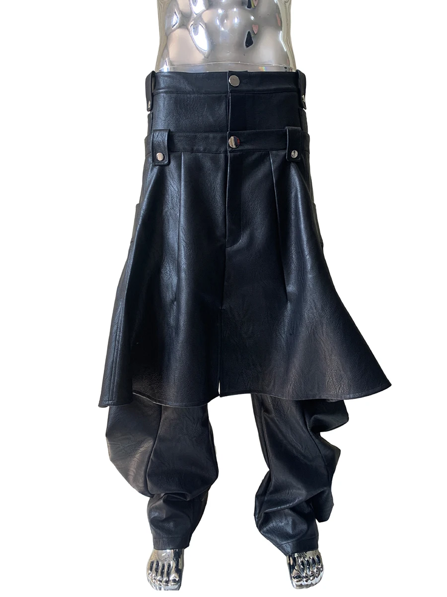

Весенне-осенние черные широкие брюки-карго из искусственной кожи для мужчин со съемной юбкой, роскошная искусственная одежда из 2 предметов, модная уличная одежда в стиле эмо кожаные штаны мужские 2025