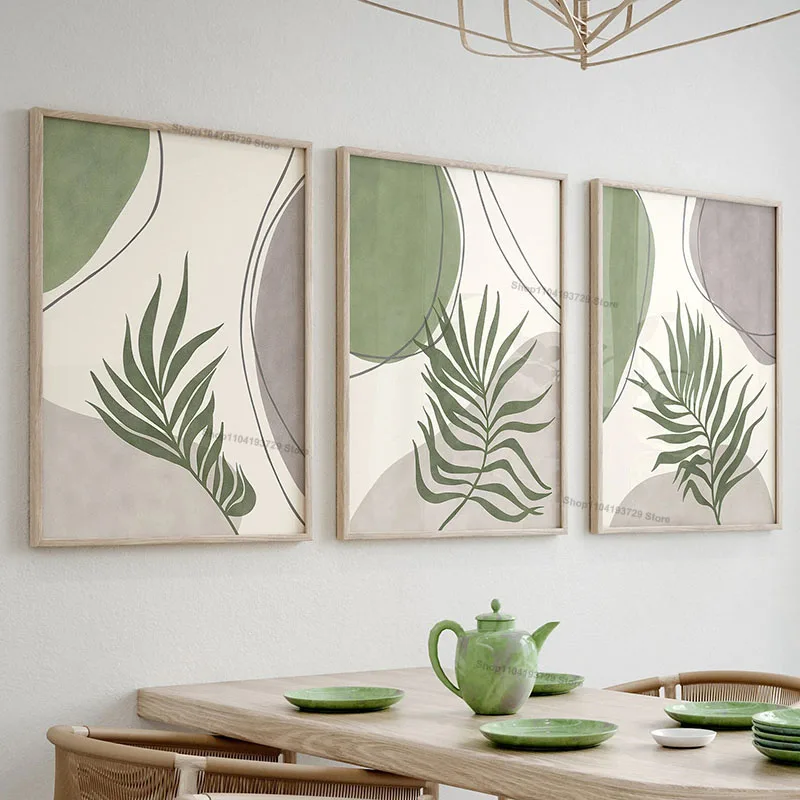 Boho Green Leaves Geometry Wall Art Canvas Painting Abstract Lines Posters And Prints Pictures For Living Room Office Home Decor