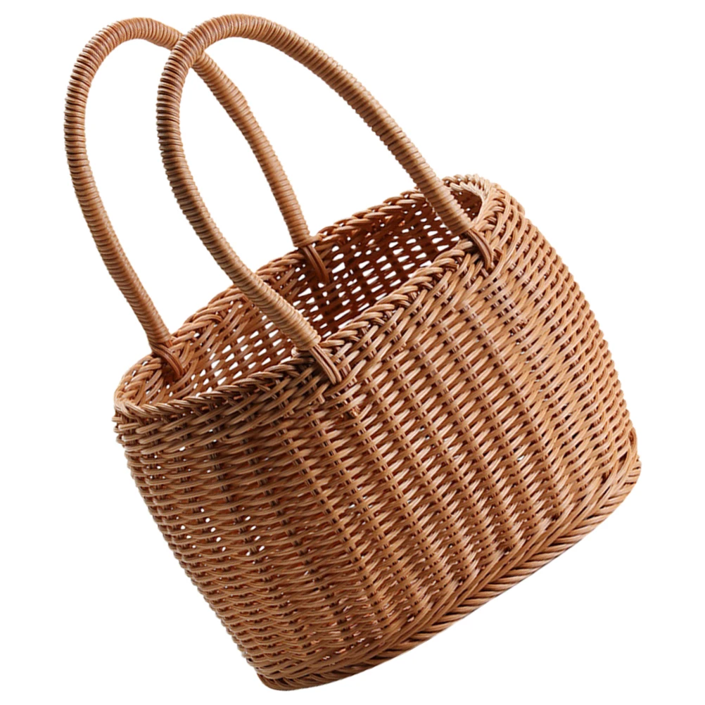 

Hand Woven Picnic Basket With Handle Storage Fruit Flower Organizer Reusable Plastic Woven Gift Basket Decorative Home Storage