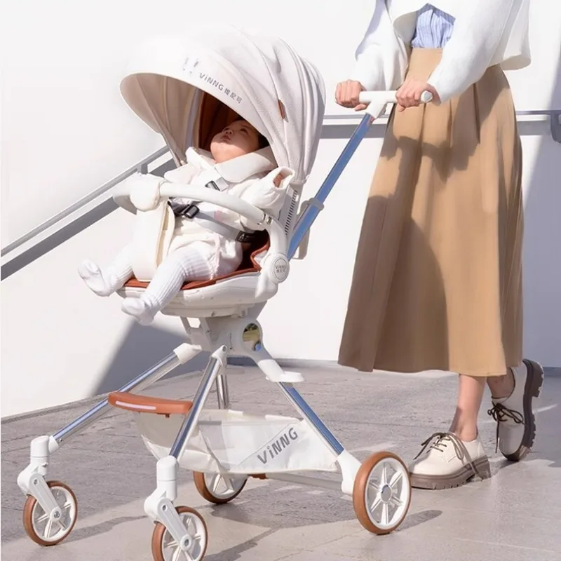 Light Luxury Leather Awning Baby Strollers, 0-6 Years Old Simple Two-way Ultra-light Carts, Can Sit and Lie Children's Trolley