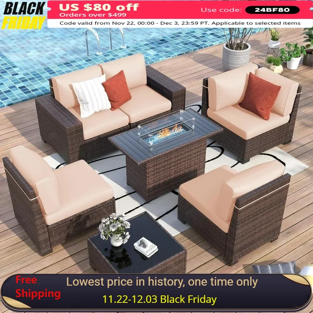 

Patio Furniture With Fire Pit Table,8‘’ Wide armrest Outdoor Sectional Rattan Sofa Set, Wicker Patio Furniture Sets Coffee Table