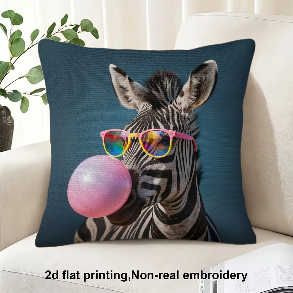 Cool Zebra Sunglasses Bubble Gum Pillow Case, Funny Animal Cushion Cover for Sofa Bedroom Kids Room, Quirky Home Decor Throw