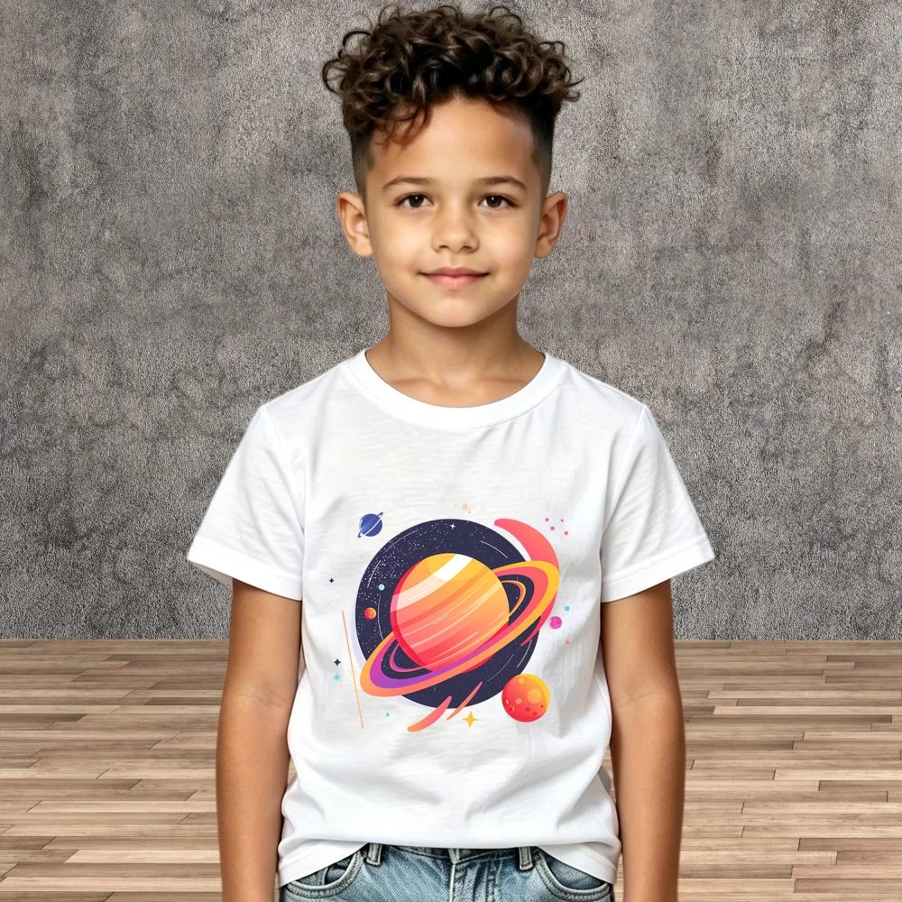 Unique Space Pattern Tees Boys Girls Cartoon Cotton Summer Short Sleeve Tops