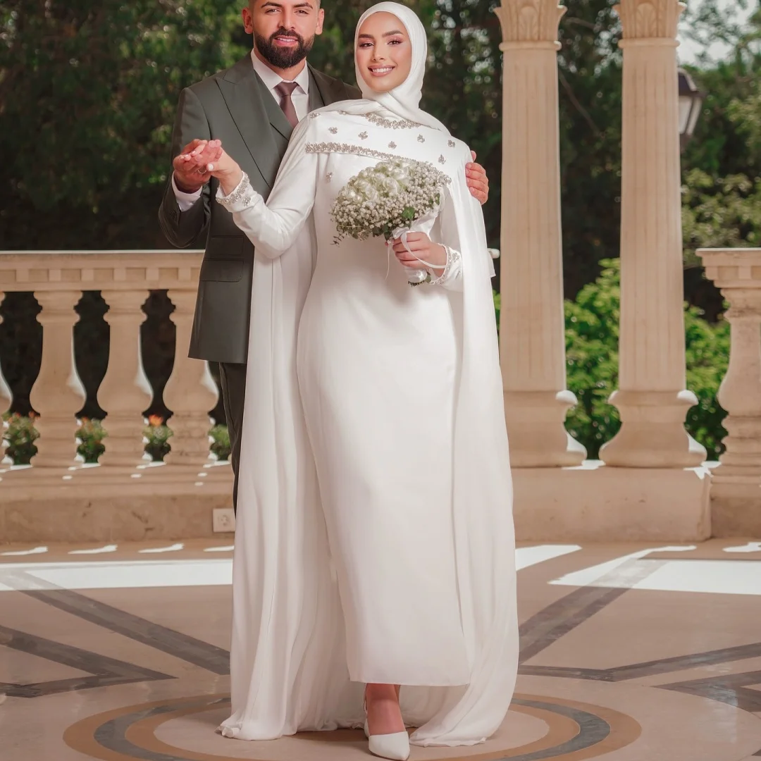 

Custom Vestido De Novia Muslim Hijab Satin Wedding Dress Long Sleeve Rhinestone Cape Modest Bridal Gown With Matching Headscarf