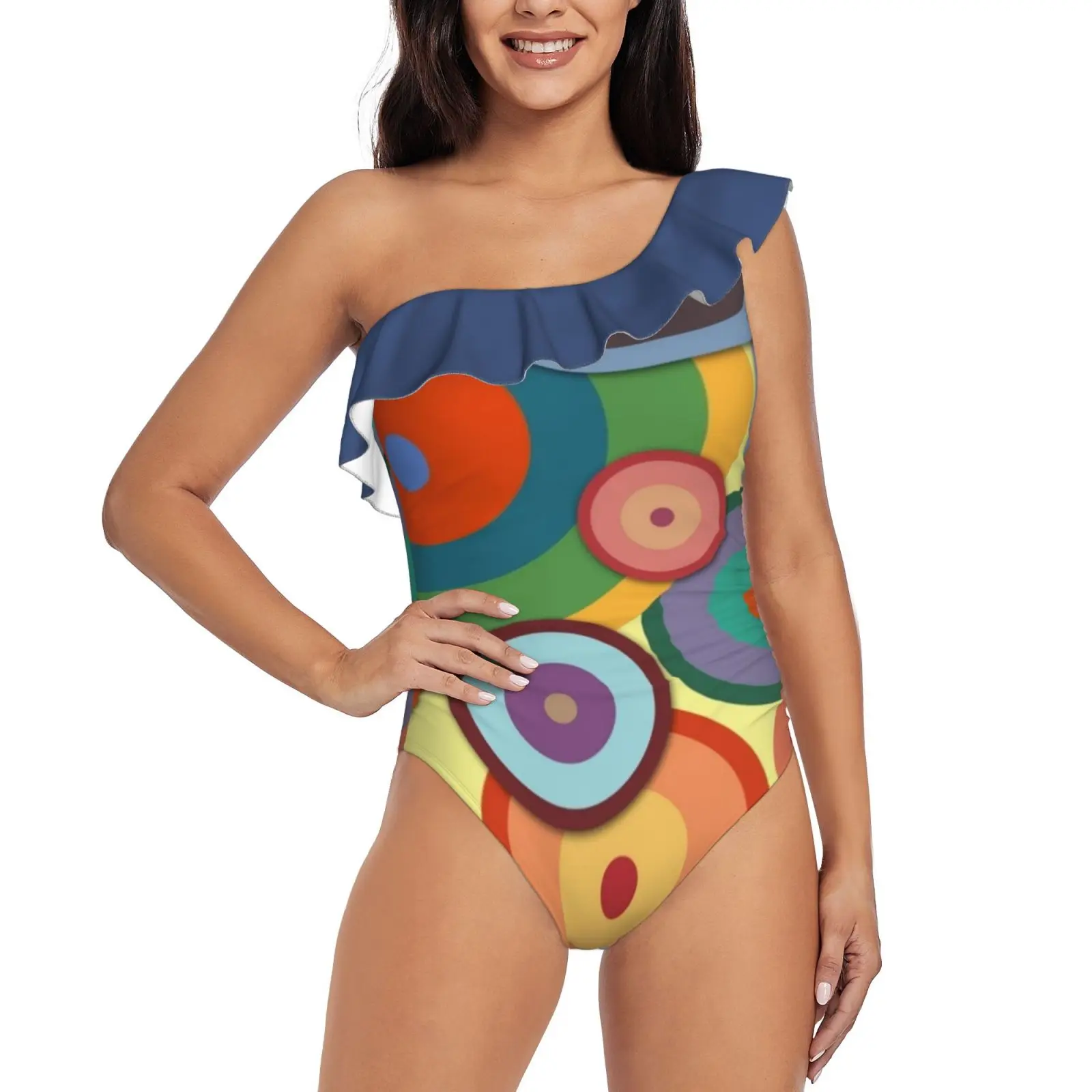 

Kandinsky #3 One Shoulder Ruffle Swimsuits One Piece Swimsuit Women Swimwear Beach Bathing Wear Geometric Abstract Concentric