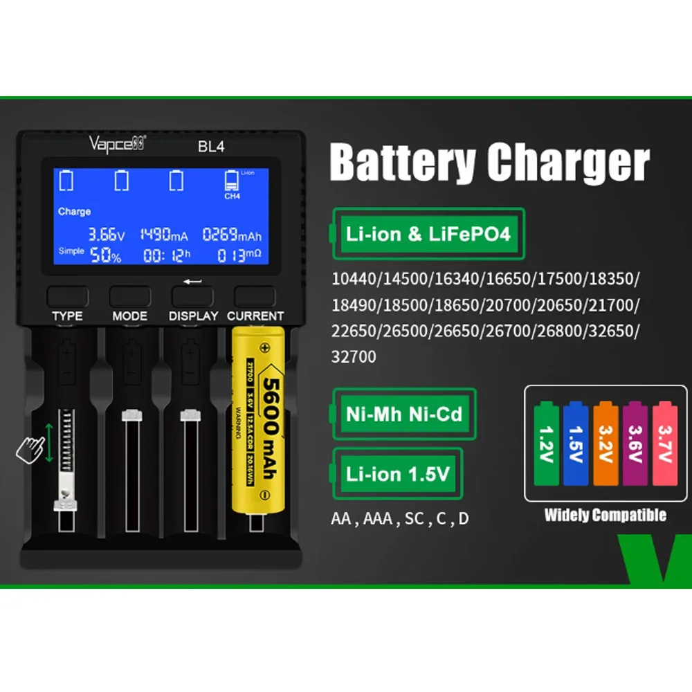 Оригинальное зарядное устройство Vapcell BL4, 4 слота, 9 В, 3 А, быстрая зарядка, 5 функций, порт Type-C для аккумулятора 18650 21700 18350 20700