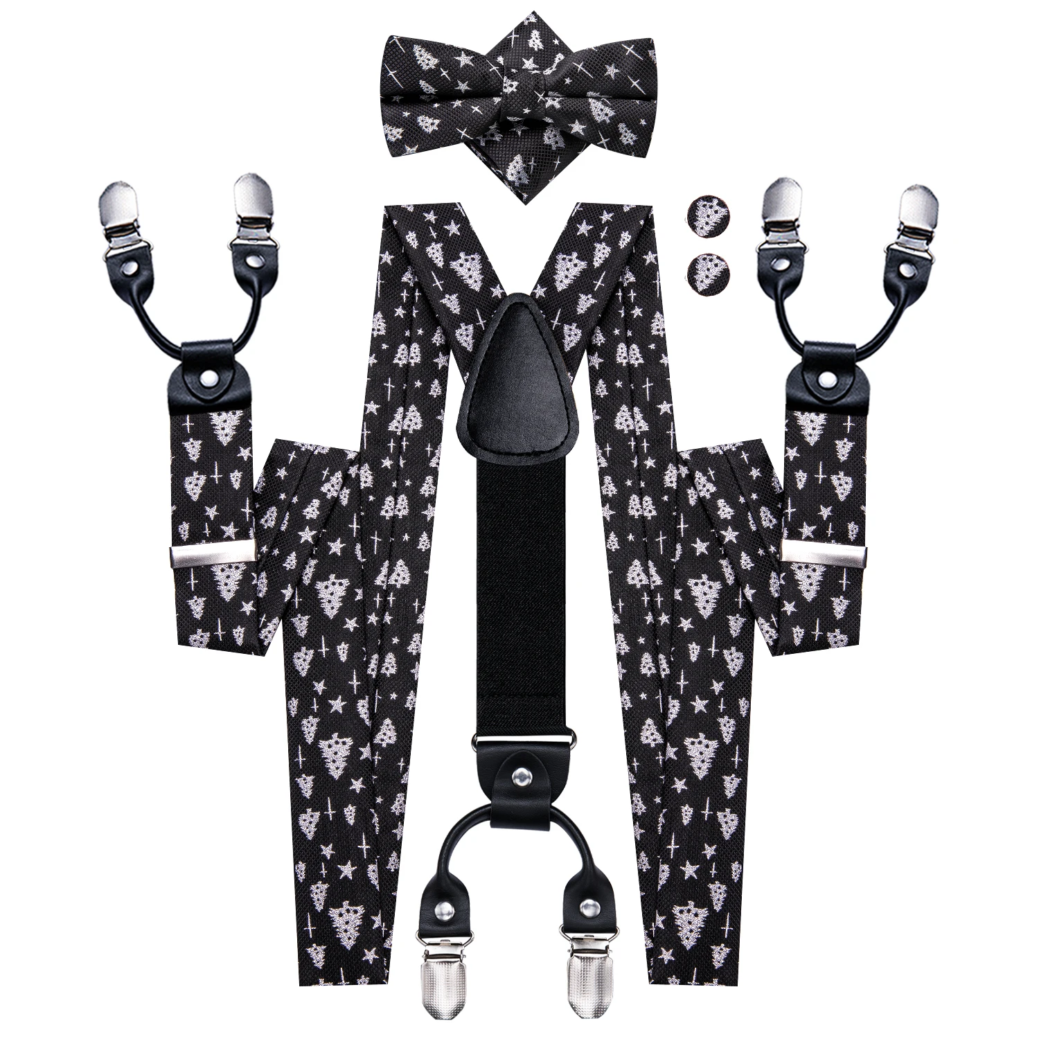 Suspender de seda preto branco de árvore de Natal para homens, laço de Natal, couro metal, chaves 6 clipes, moda