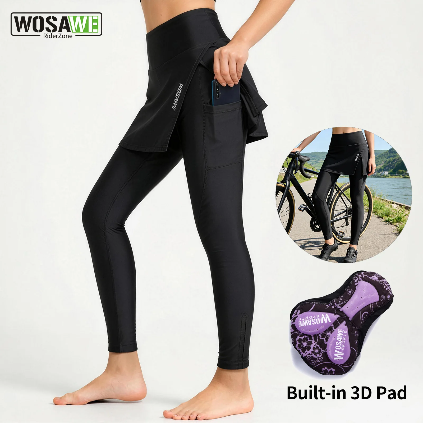 WOSAWE Damen Sommer-Radhose mit Polsterung, gerüschte Fahrradleggings, hohe Taille, atmungsaktive Stretch-Sportstrumpfhose mit Taschen