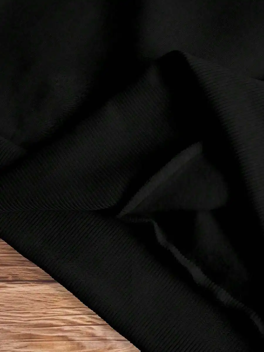 

Mens Plus Size Black Ribbed Hoodie, Loose Fit Long Sleeve Pullover With Geometric Print, Casual Streetwear Sweatshirt, Premium