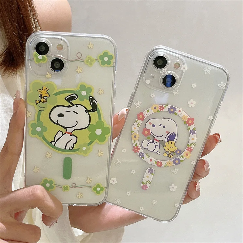 Cute Cartoon Snoopies Flowers Magsafe Magnetic Phone Case For Samsung Galaxy S24 S23 S22 S21 S20 FE Plus Ultra 5G Soft TPU Cover