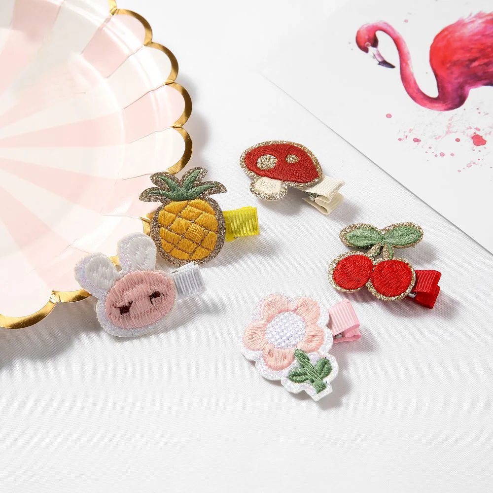 

70 Pcs/Lot, Embroidery Pineapple Cherry Bunny Flower Mushroom Hair Clips Lovely Baby Hairpins