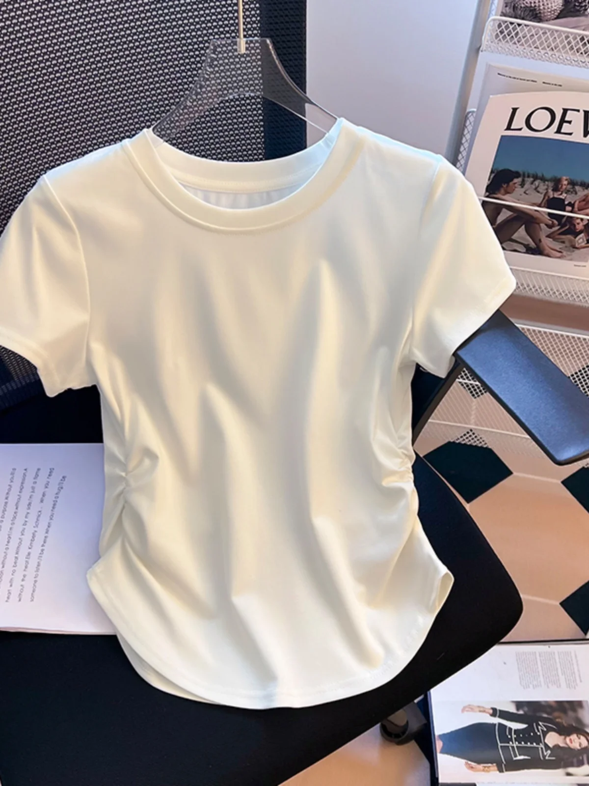 Summer Waist-Cinching round Ne ort Sve T-irt Women's Sle Regular Fit Polyester Blend Comfortable Breathable Top