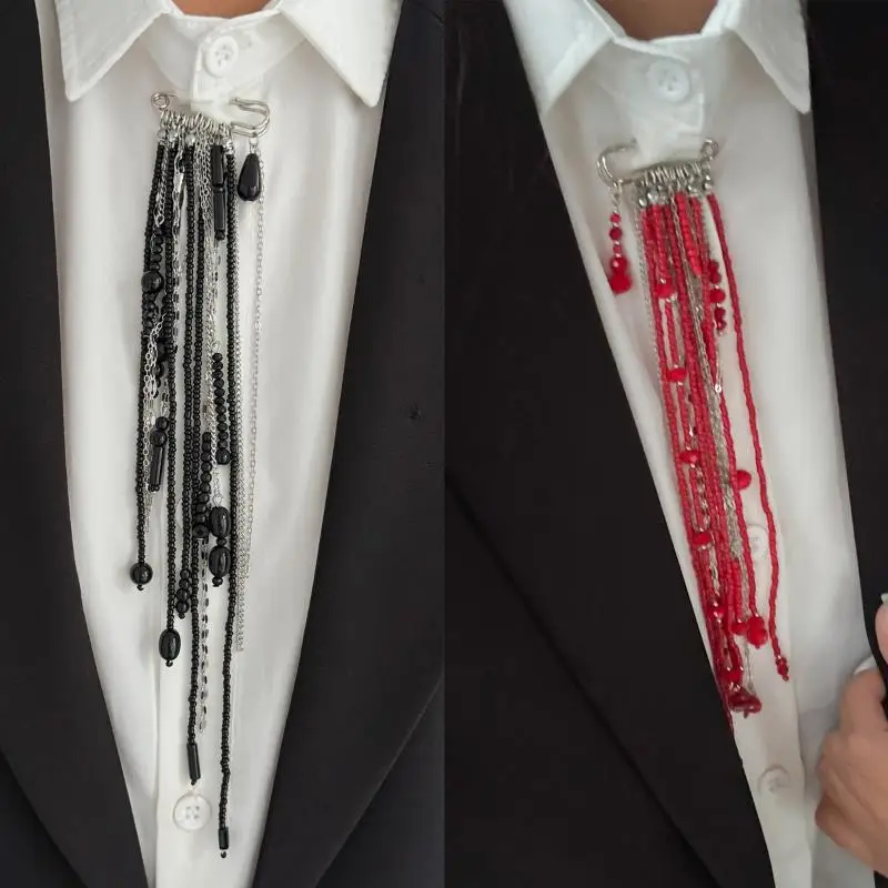 Exaggerated Imitation Crystal Tassel Chain Brooch Clothing Tie Pin Bead Fixed Ornament Banquet Party Jewelry Accessories Gifts