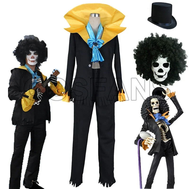 Hot One Piece Dead Bones Brook Cosplay Costume Unifrom Suit Outfits for Adult Halloween Cosplay Costume Wig Mask Prop