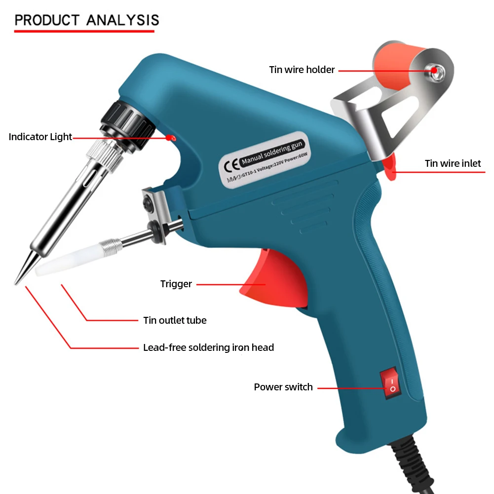 Blue Soldering Iron 60W Eagle Beak Endothermic Handheld Gun 50G Wire Heated Household Repair Internal Tool Manual Tin Dispensing