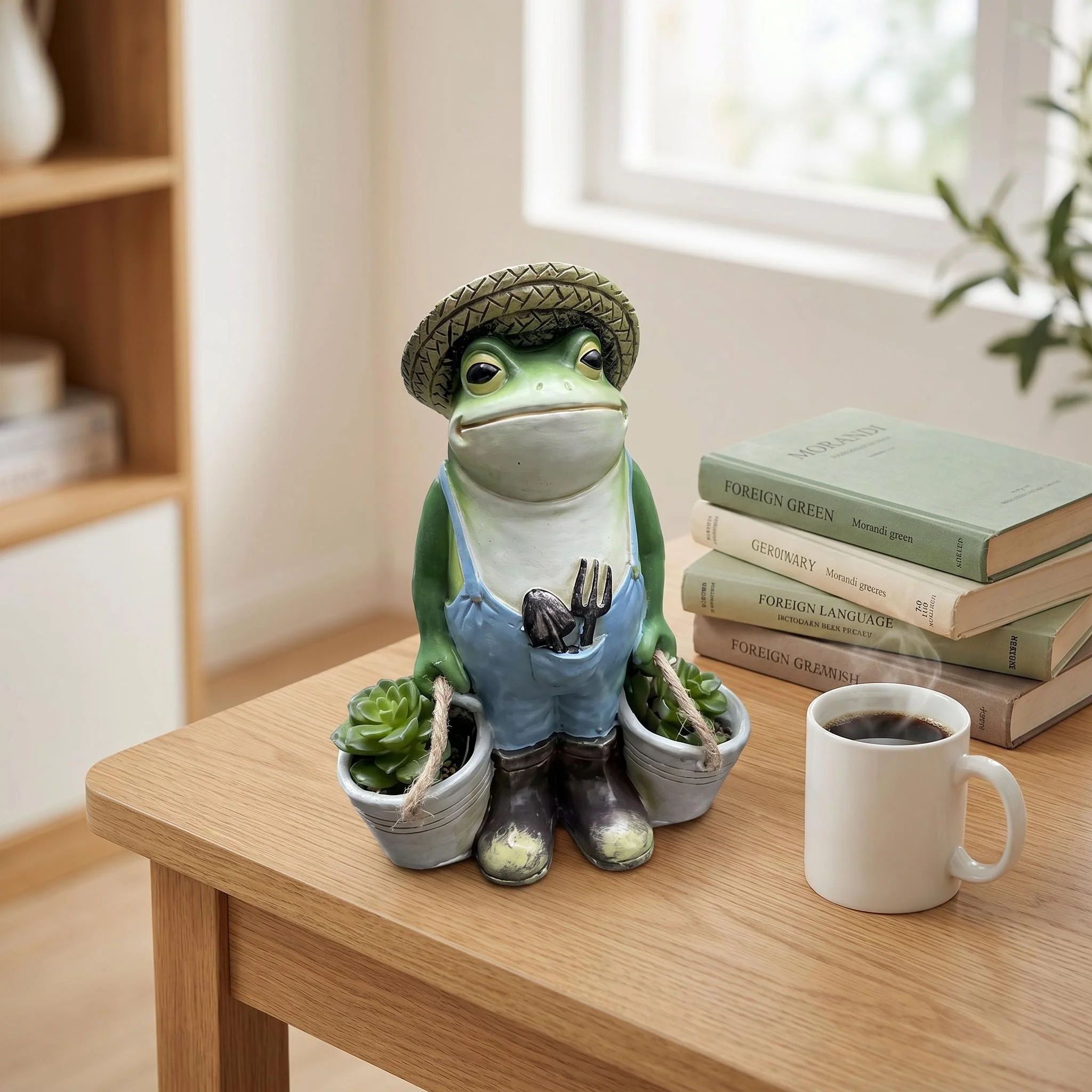 Frog Gardener Wearing a Straw Hat Sculpture,Outdoor Garden, Courtyard Decorative Ornament Rustic-Style Miniature Landscape Decor