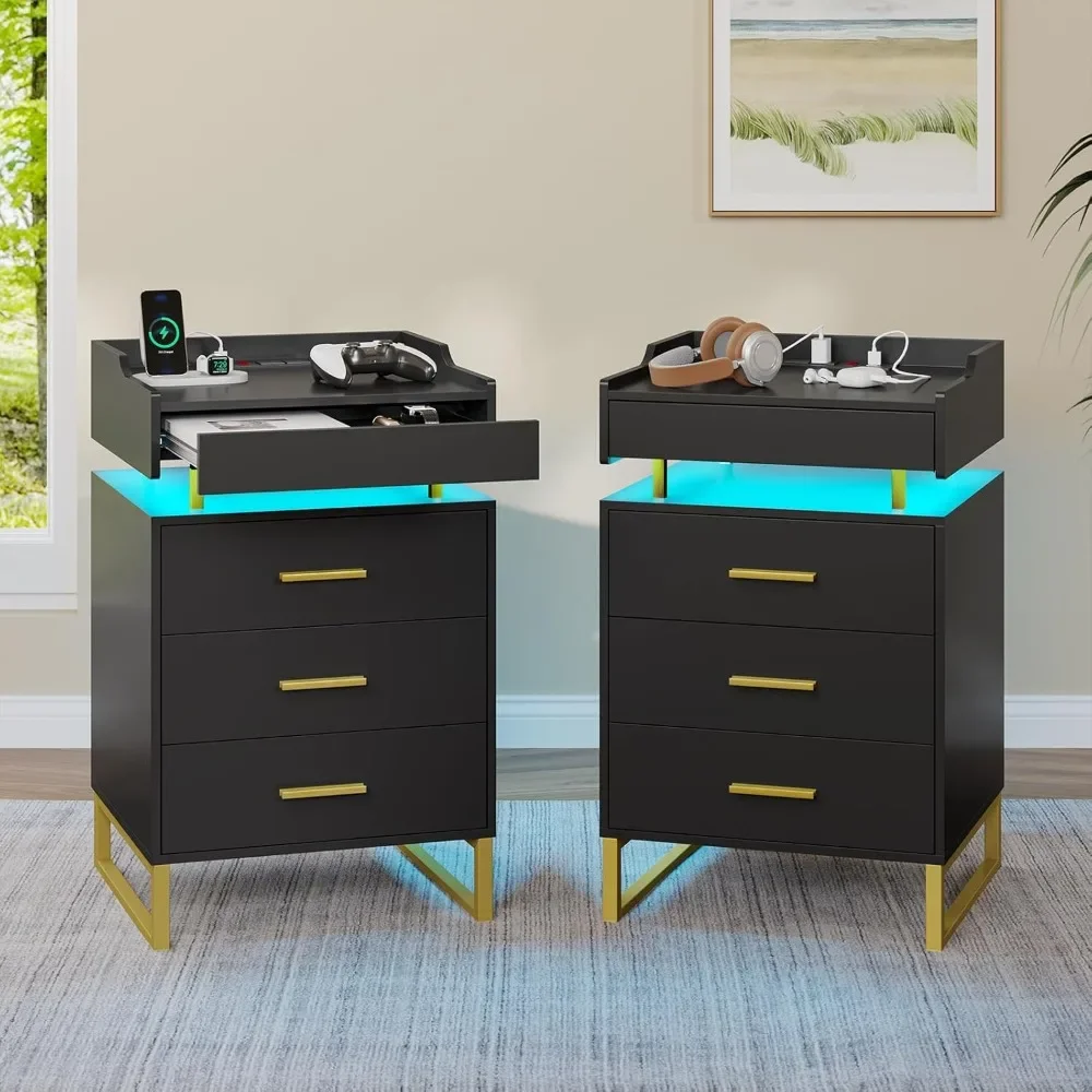 

Nightstand End Table with Charging Station LED Night Stand with Pull-Out Tray Bedside Table with Drawers