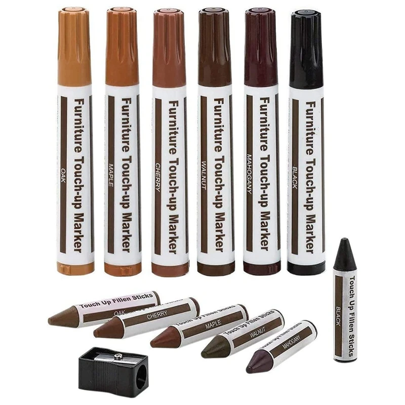 Furniture Repair Kit Wood Markers - Markers And Wax Sticks With Sharpener Kit, For Scratches, Wood Floors