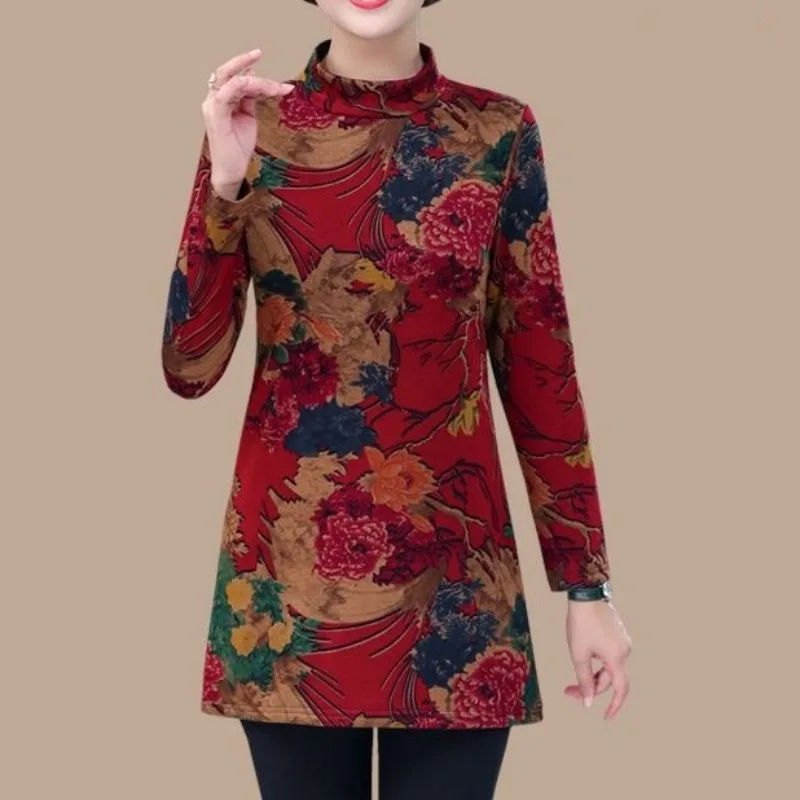 2023 Autumn and Winter Women\'s Solid High Neck Slim Fit Art Retro Printed Fashion Casual Elegant Commuter Long Sleeve Tops