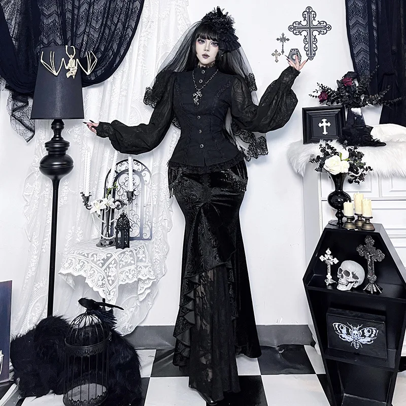 秋のフレンチダークゴシックヴィンテージロングスカート女性の Y2K ボール非対称骨太スカート美的エレガントな高品質の服