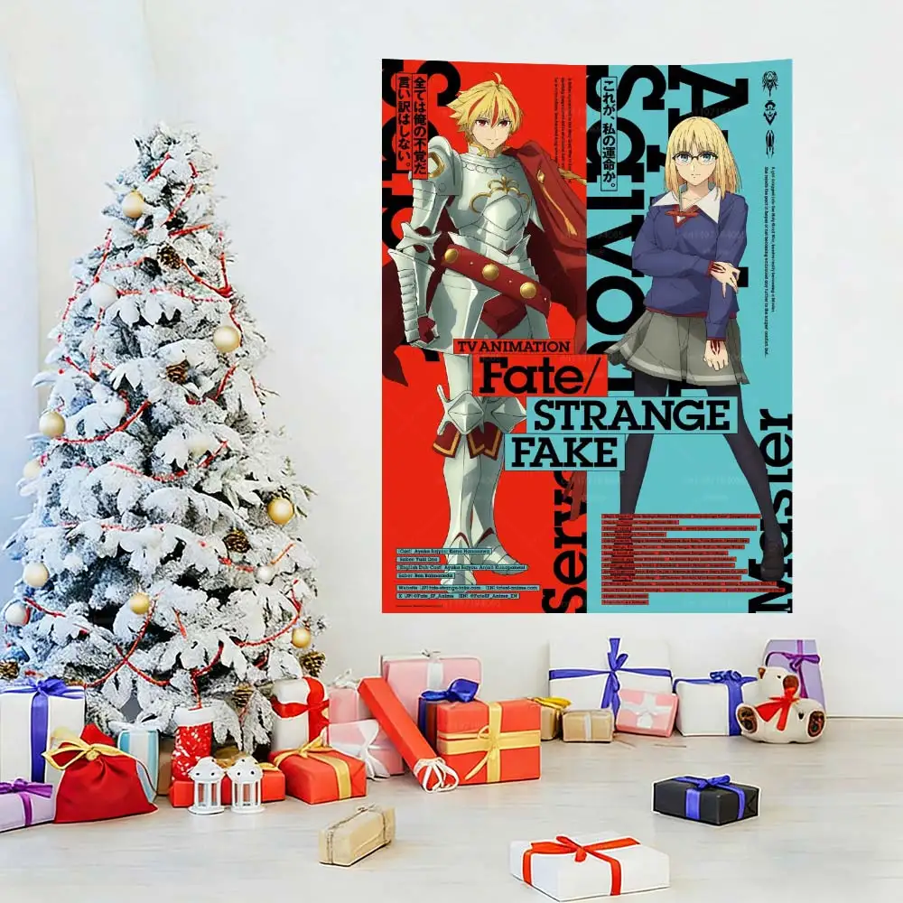 Fate/Strange Fake Tapestry, Anime Saber & Master Character Wall Hanging, Split-Tone Flat Print Poster for Bedroom Otaku Room